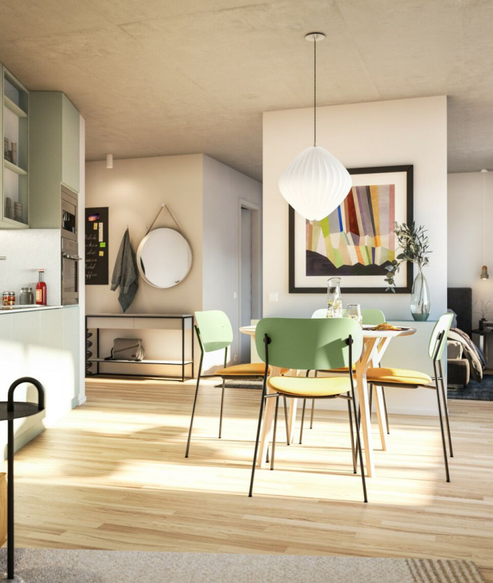 Visualisierung eines Wohnzimmers mit Essbereich