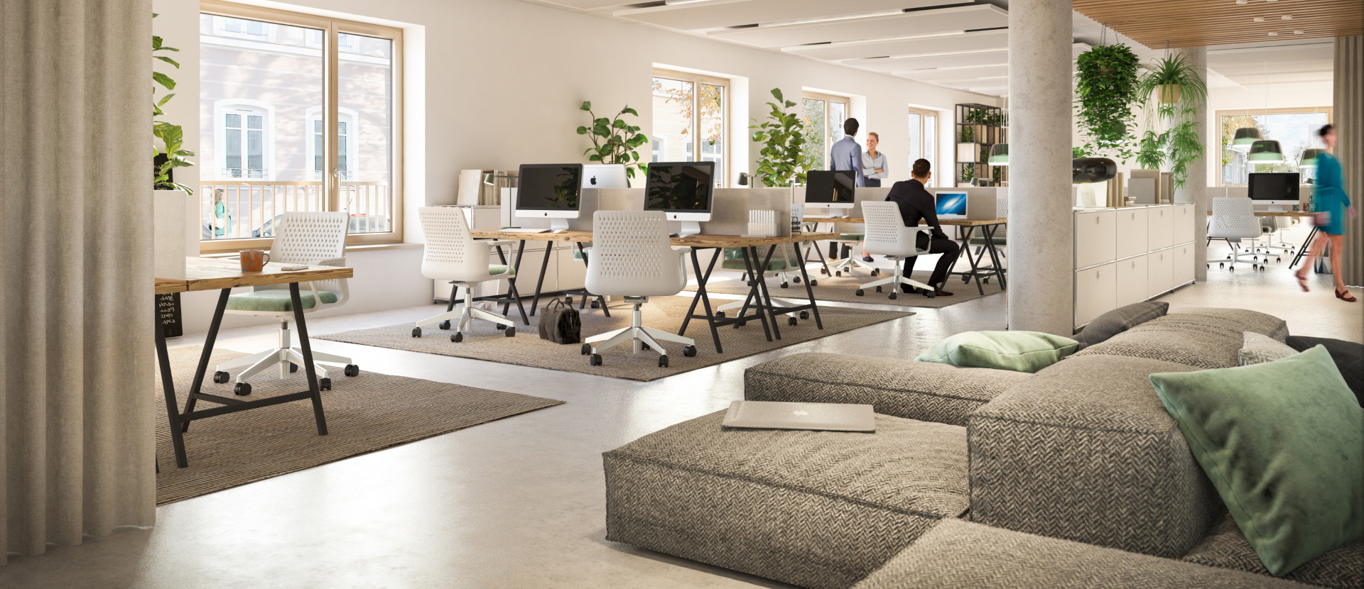 Visualisierung eines hellen Büros mit Arbeitsplätzen, Couch und Menschen