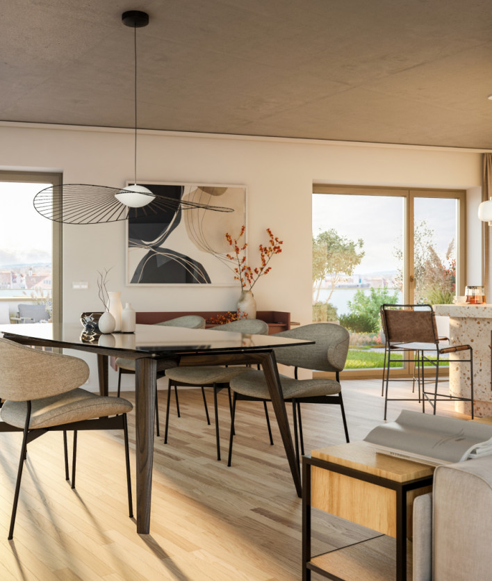 Visualisierung eines Essbereichs mit offener Küche