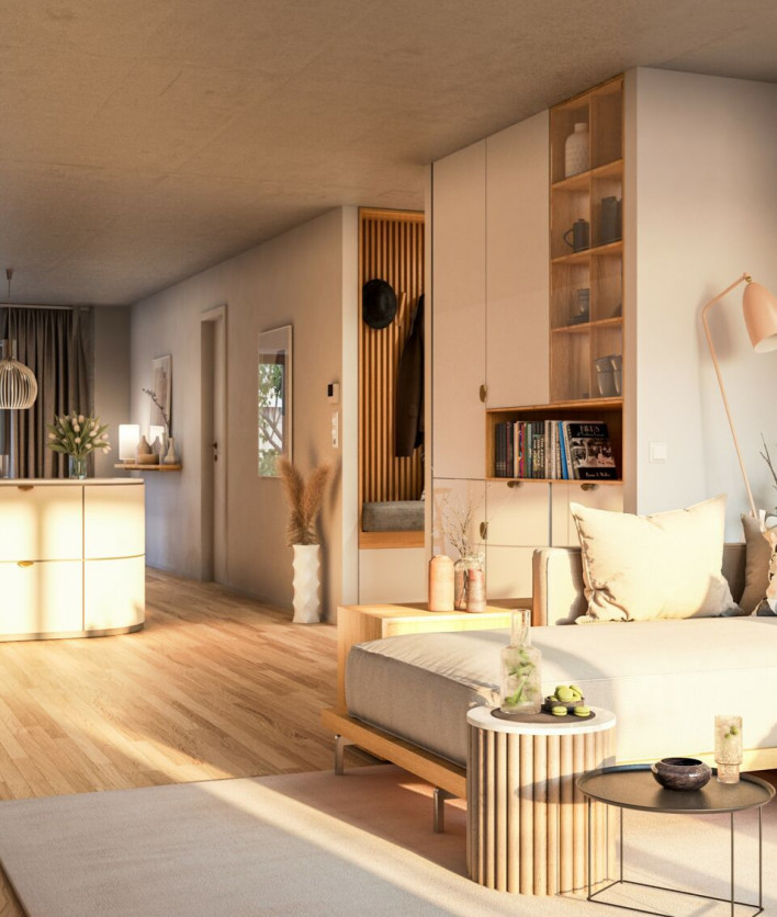 Visualisierung eines Wohnzimmers mit offener Küche