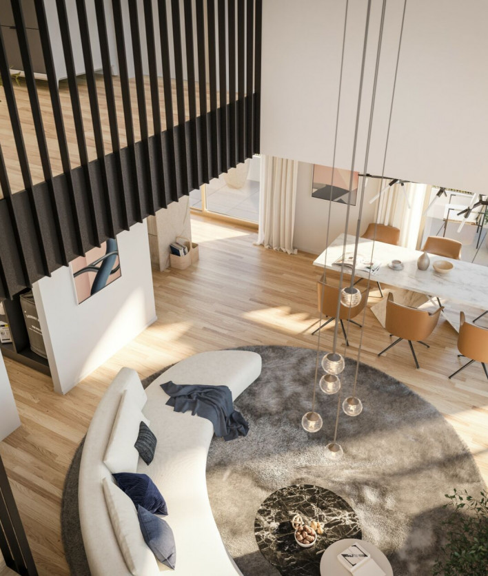 Visualisierung einer Maisonette Wohnung mit Essbereich und Couch