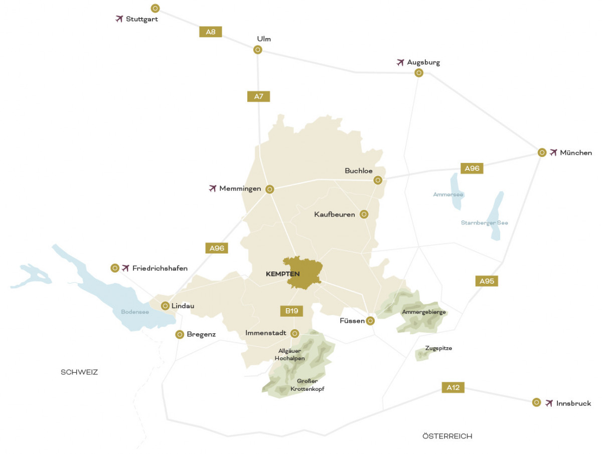 Grafik zur Makrolage von Kempten mit Anbindungen