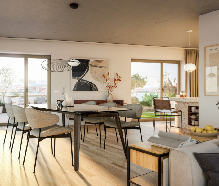 Visualisierung eines Essbereichs mit offener Küche