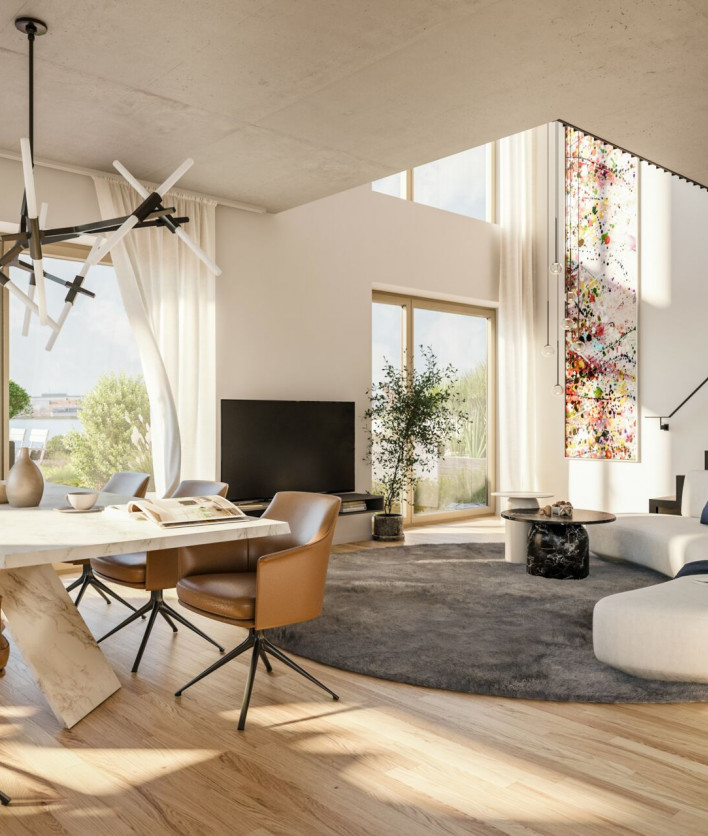 Visualisierung einer Maisonette Wohnung mit Essbereich und Couch