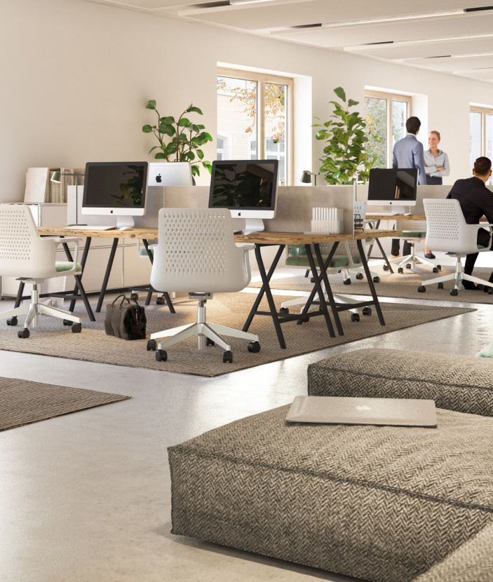 Visualisierung eines hellen Büros mit Arbeitsplätzen, Couch und Menschen