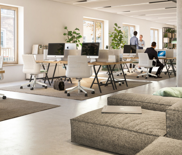 Visualisierung eines hellen Büros mit Arbeitsplätzen, Couch und Menschen