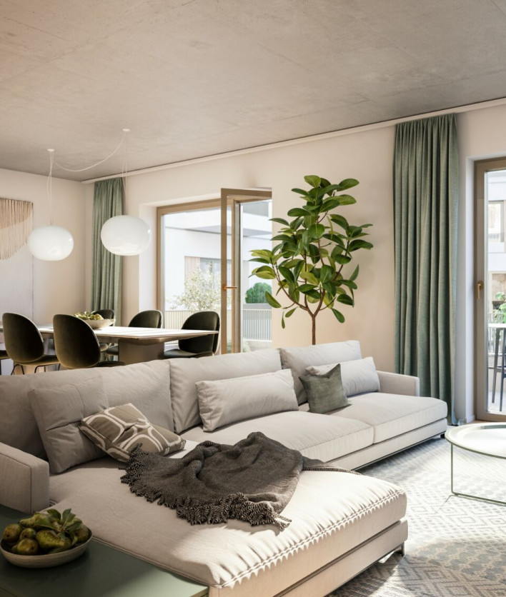 Visualisierung eines Wohnzimmers mit Essbereich