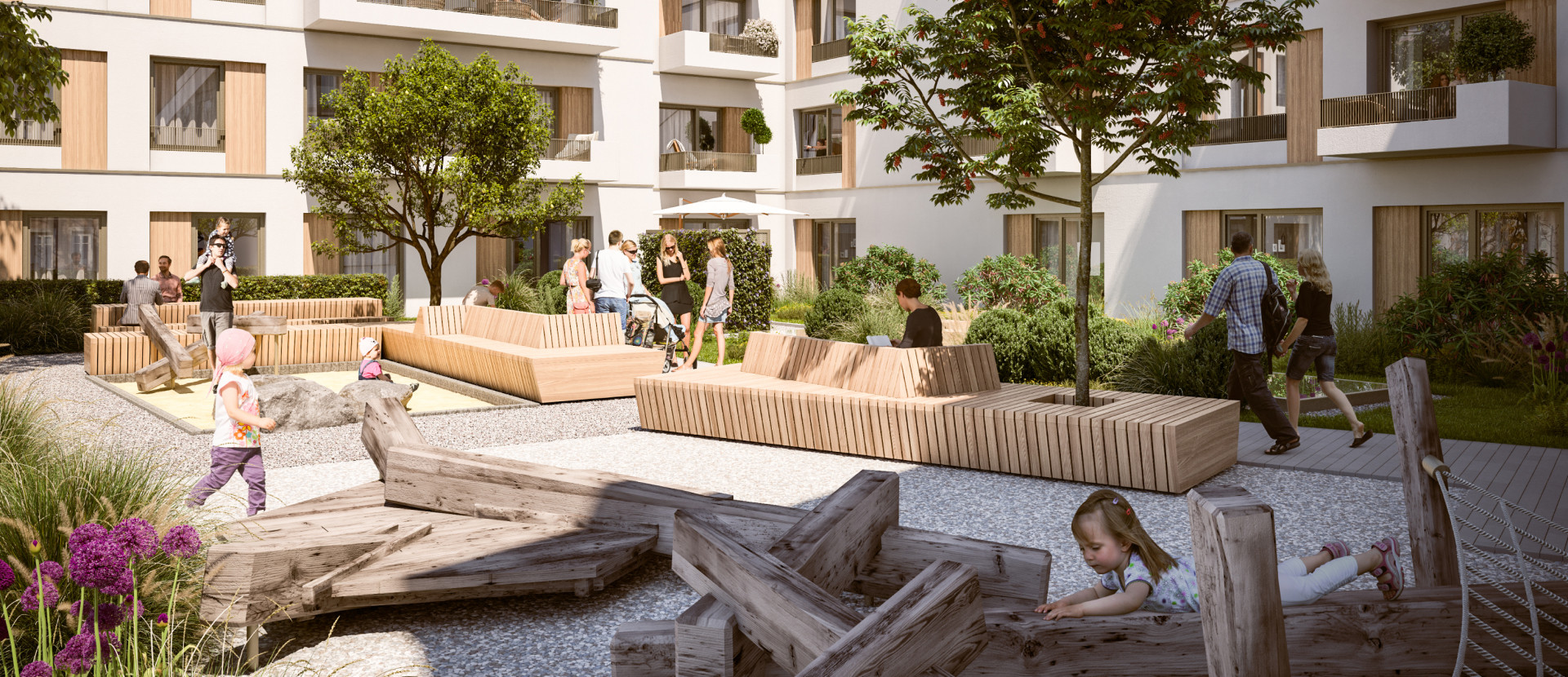 Visualisierung des Innenhofs mit Sitz- und Spielmöglichkeiten