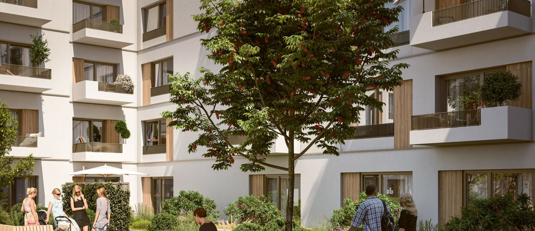 Visualisierung des Innenhofs mit Sitz- und Spielmöglichkeiten